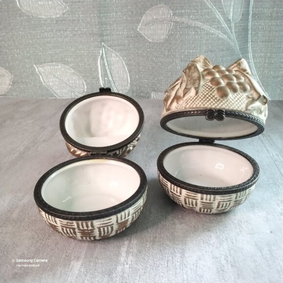 Two Vintage Ceramic Fruit Basket Shaped Trinket, Jewelry or Pill Boxes - Picture 2 of 6